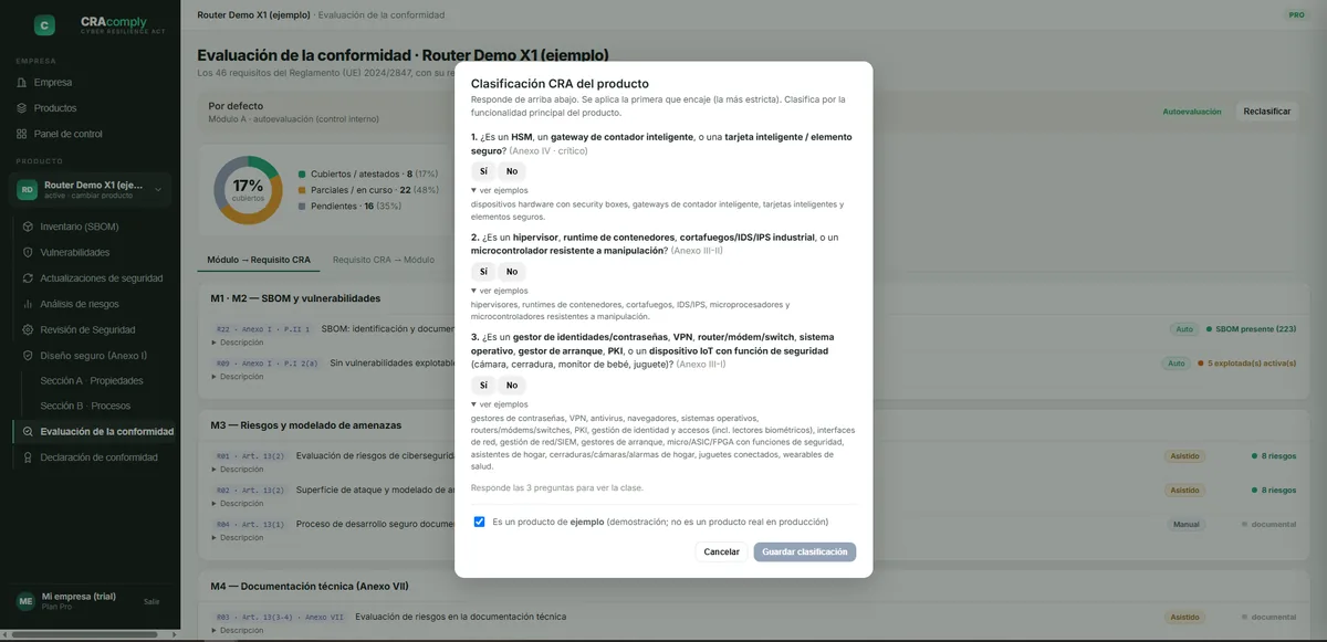 Ejemplo: Clasificación y evaluación de la conformidad