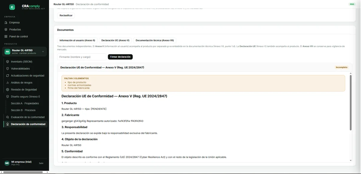 Ejemplo: Documentación obligatoria (DoC / Anexo V, II, VII)